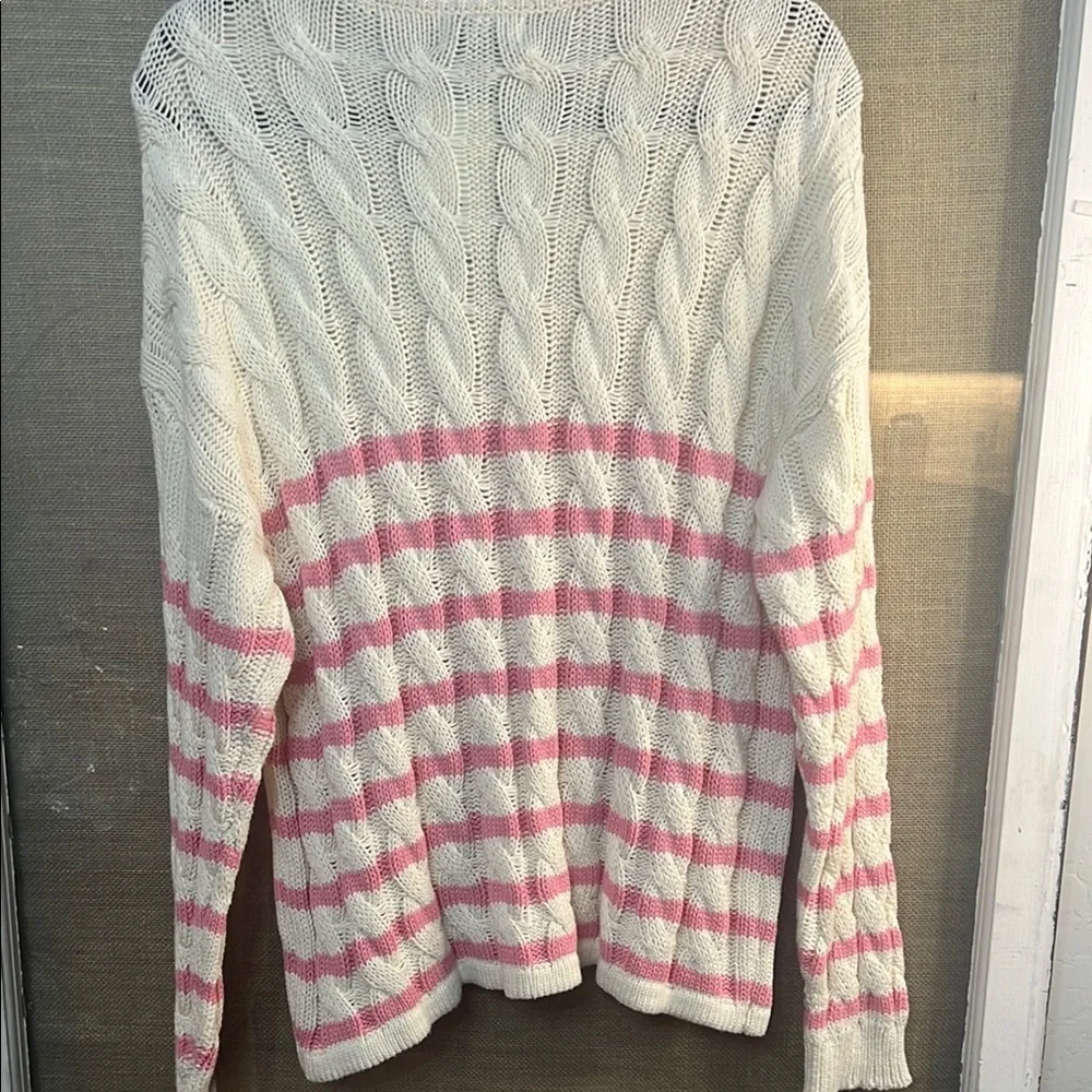 Becool Boutique Pink and Cream Cable Knit Crew Neck Sweater